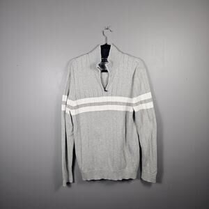 Nautica 1/4 Zip Sweater Double Striped Ribbed Grey W/ White Men's Size L